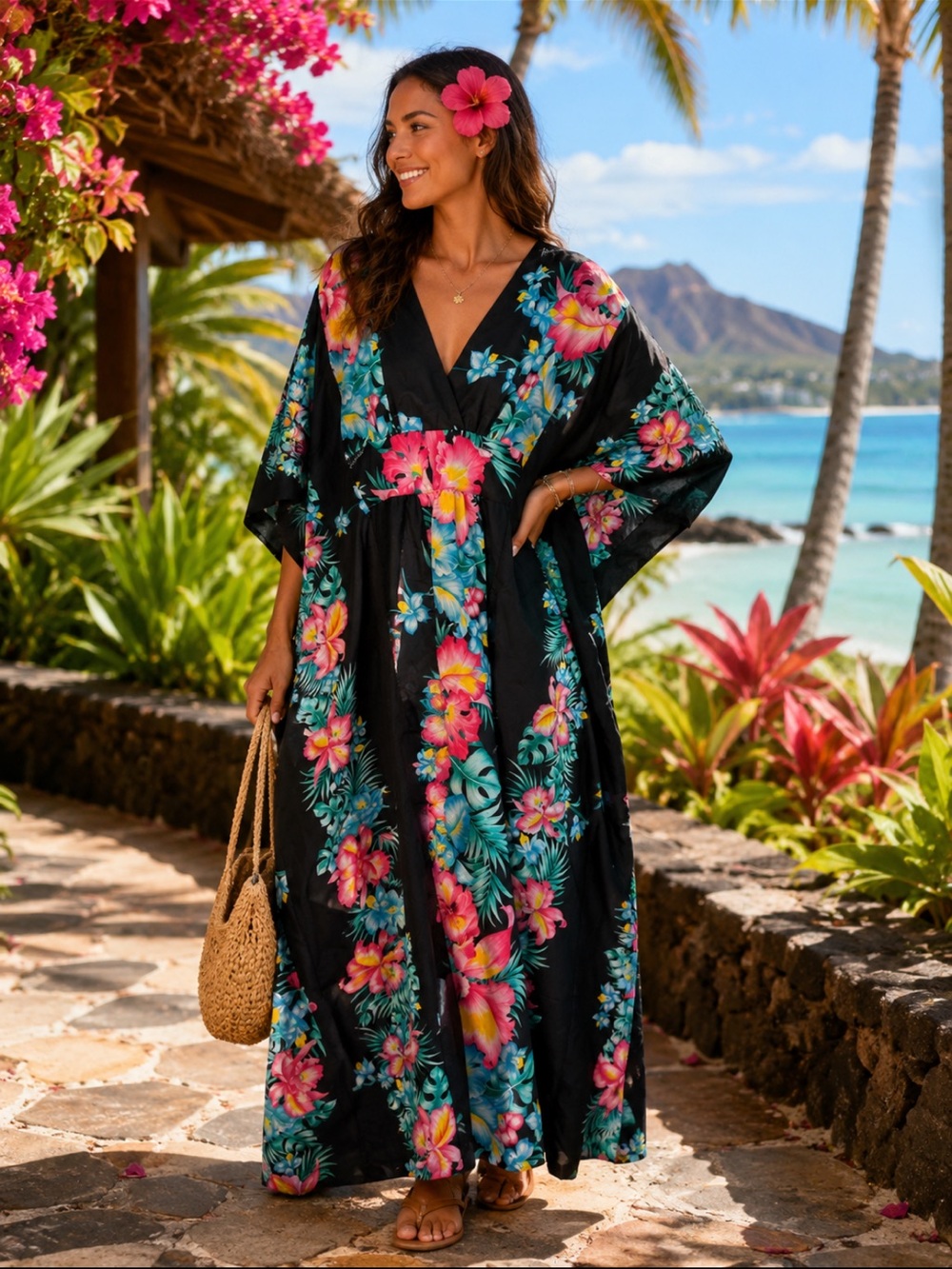 Royal Creations Hawaiian Tropical Floral Caftan Maxi Dress Cover-Up Vintage